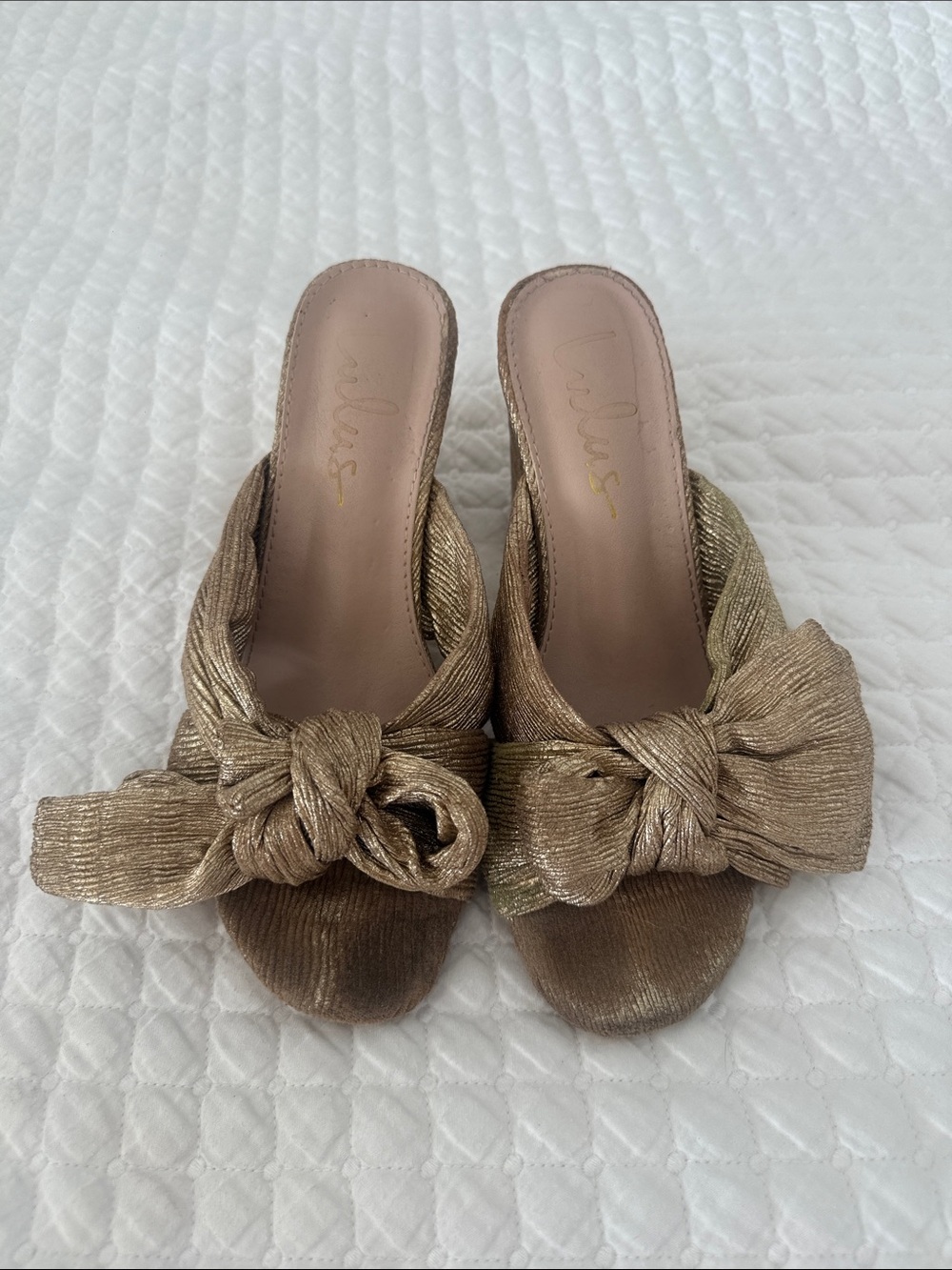 Lulu's Metallic Gold Knot-Front Slip-On Mules